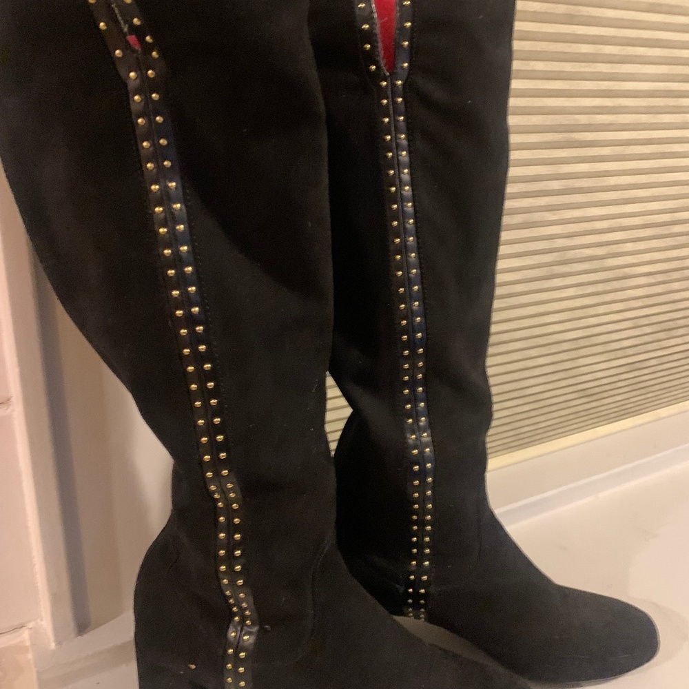 Adrienne Vittadini 9M Gold Studded Knee High Black Suede Boots.